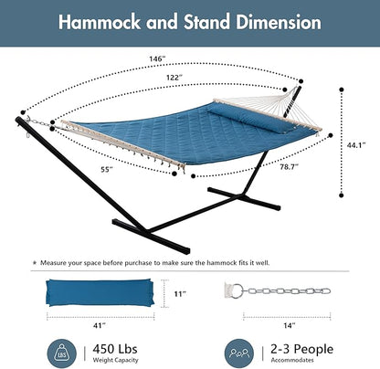 ANOW Double Hammock with 12 Feet Heavy Duty Steel Stand Combo, 2 Person Quilted Hammock with Stand for Outside, 450 LBS Weight Capacity, Blue