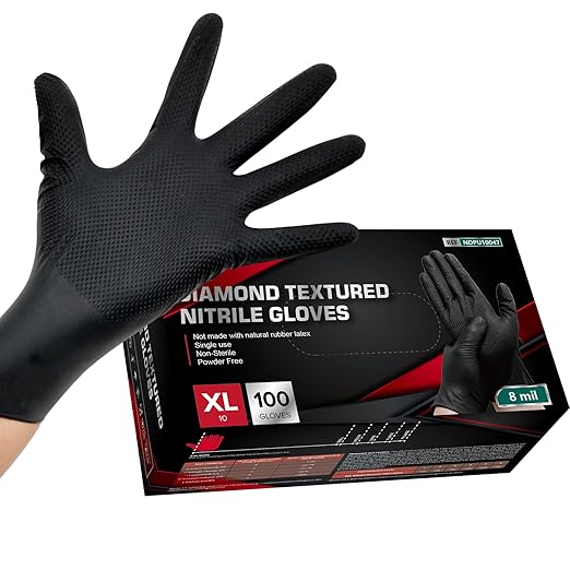 Jointown Basic Heavy Duty Nitrile Gloves, Mechanic Gloves 8 Mil Nitrile Disposable, with Raised Diamond Texture, Case of 100, Black, XLarge