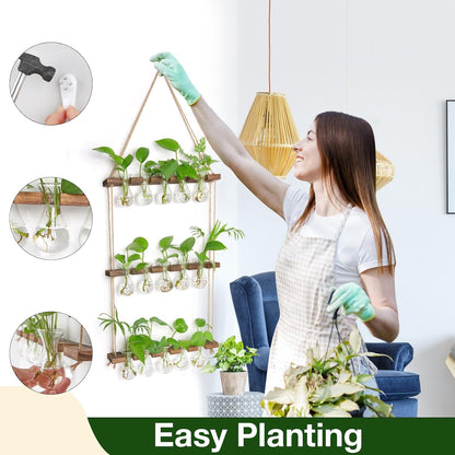 XXXFLOWER Wall Hanging Propagation Station with Wooden Stand 5 Bulb Vase 3 Tiered Planters Wall Terrarium for Home Office Plant Hanger Flower Vases Wall Decor(Brown)