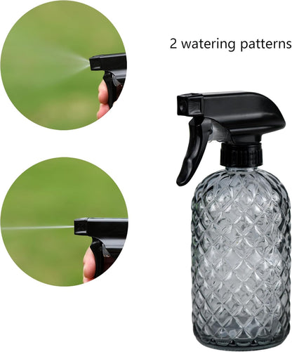 12Oz Glass Plant Spray Bottle, Gem Pattern Glass Sprayer, Watering Can with Black Plastic Top Pump, Handheld Watering Can for Indoor Outdoor Potted Plants and Greenery (Grey)