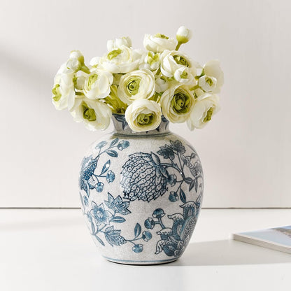 SIDUCAL Ceramic Chinoiserie Floral Vase | 6.3 Inch Blue and White Vintage | Retro Ice Cracked Blue and White Porcelain Vase for Table, Living Room, Bathroom Decoration, Shelf Decor, Mantel
