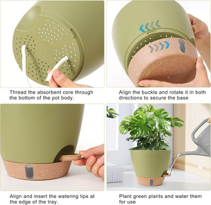 Plant Pots,12/10/9/8/ Inch Large Plastic Self Watering Flower Pots Indoor Outdoor with Drainage Holes, Deep Reservoir,Nursery Planting Pot for Indoor Out Door Plants