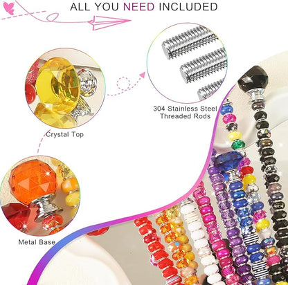 300 Pcs Garden Stakes Diy Fairy Wand Garden Stakes Kit, Colorful Large Hole Bead Crystal Diamond Stopper Top 12 Stainless Steel Threaded Rod Beaded Fairy Wands Supplies For Outdoor Beadable Decorative