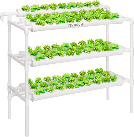 VIVOSUN Hydroponics Growing System 90 Plant Sites, 3 Layers 10 Food-Grade PVC-U Pipes Hydroponic Gardening System Grow Kit with Water Pump, Pump Timer, Nest Basket and Sponge for Leafy Vegetables