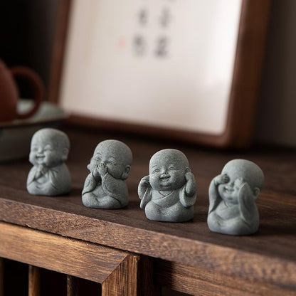 Laughing Buddha Statue Decor - 4Pcs Small Zen Monk Sandstone Buddha Sculpture for Wealth Good Luck Feng Shui Decor, Cute Zen Decoration for Home Office Desk Indoor and Outdoor(Gray)