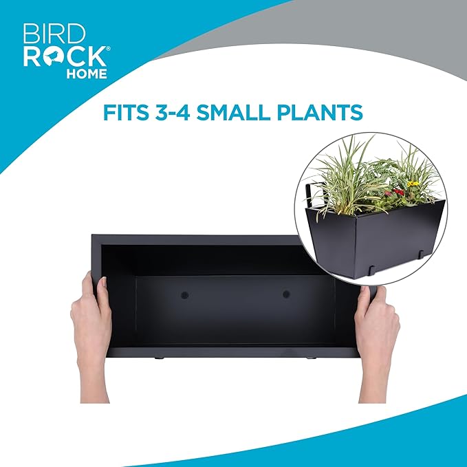 BIRDROCK HOME 2pk Metal Railing Planter Box | Flower Boxes for Deck Railings | Adjustable Rail Hanging Bracket | Black Balcony Boxes | House Apartment Plant Pot
