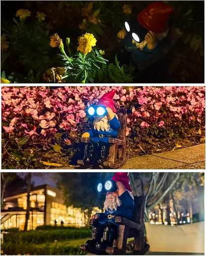 Solar Garden Gnome Statues Resin Gnome Figurines Sitting on Rocking Chair Outdoor Telescope Gnome Gifts for Yard, Patio Decor Gift