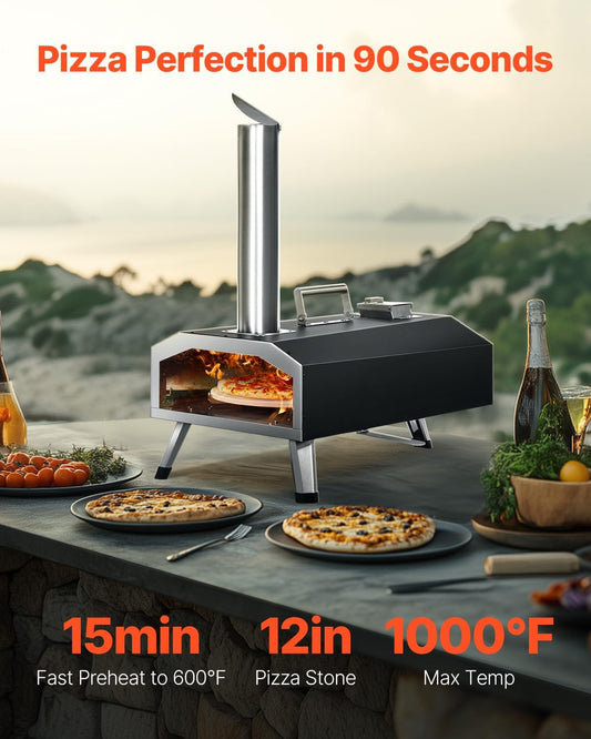 VEVOR Multi-fuel Outdoor Pizza Oven, 12-inch Gas & Wood Fired Pizza Maker with Auto Rotatable Stone, Portable Pizza Ovens for Outside Backyard Camp, Carry Cover, Shovel, CSA Certified, Black