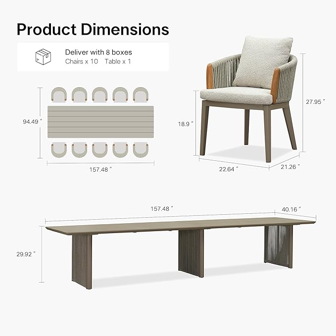 PURPLE LEAF 11 Pieces Outdoor Dining Set for 10, Aluminum Outdoor Patio Table and Chairs Set with Olefin Cushions, All-Weather Patio Dining Set for Garden or Deck, Beige