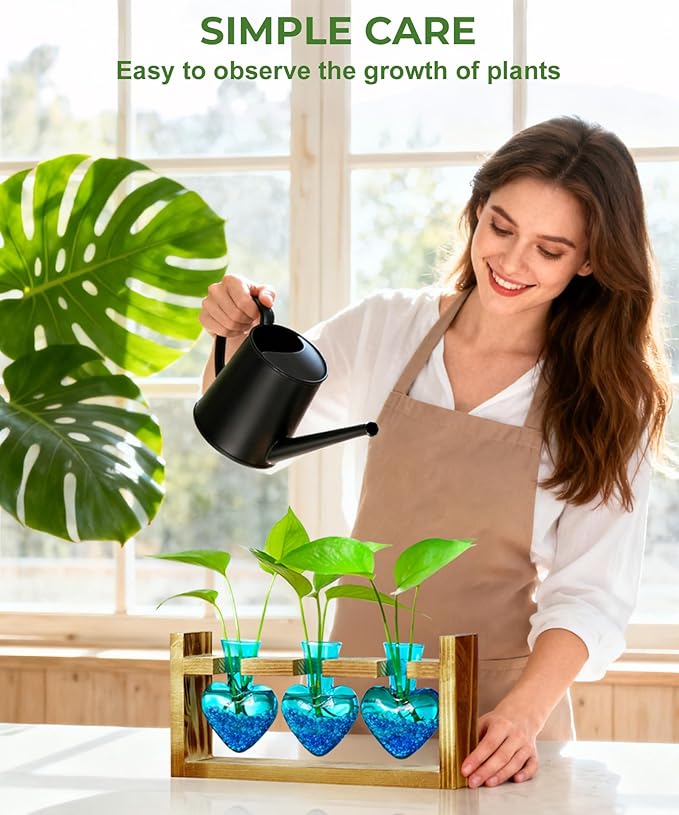 Nacome Plant Terrarium Propagation Stations: Birthday Gifts for Plant Lovers Women Mom Wife - Wooden Stand Tabletop Planter 3 Bulb Glass Vase Heart Shaped for Hydroponics Indoor Home