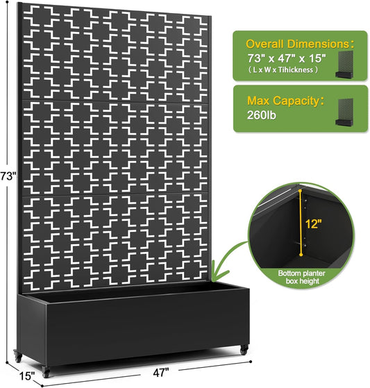 FENCY Metal Raised Garden Bed with Wheels and Trellis,73"x47"x16" Planter Box for Climbing Plants, Vegetables & Vines, Features Privacy Screen and Drainage Holes (Black-Square)