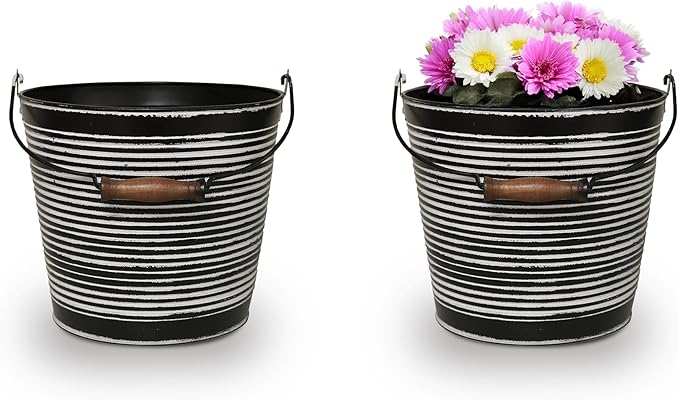 Headwind Robert Allen Vintage Ribbed Metal Planter with Handle, 10-Inch, Charcoal – Lightweight Indoor/Outdoor Flower Pot with Drainage Hole