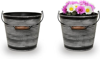 Headwind Robert Allen Vintage Ribbed Metal Planter with Handle, 10-Inch, Charcoal – Lightweight Indoor/Outdoor Flower Pot with Drainage Hole
