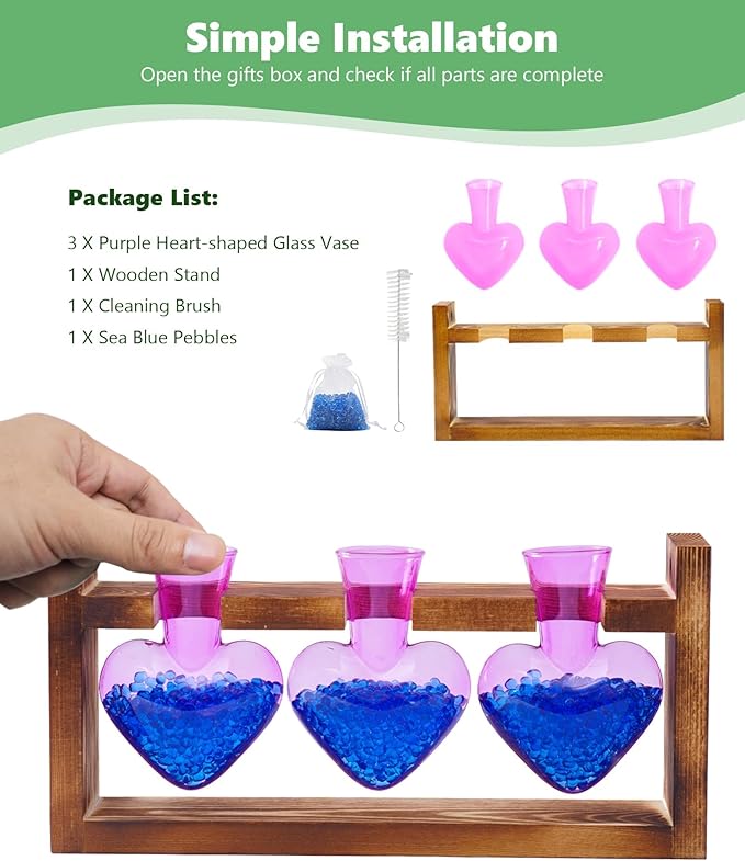 Nacome Plant Terrarium Propagation Stations: Birthday Gifts for Plant Lovers Women Mom Wife - Wooden Stand Tabletop Planter 3 Bulb Glass Vase Heart Shaped for Hydroponics Indoor Home(Purple)