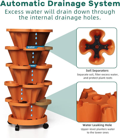 Strawberry Vertical Planters, 3 Tiered Stacking Tower Garden, Stackable Herb Vegetable Planters with Movable Casters and Bottom Saucer Indoor and Outdoor