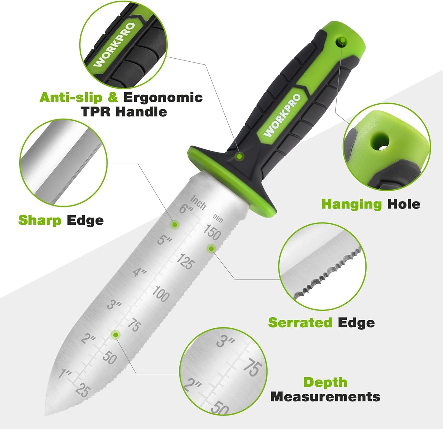 WORKPRO Hori Hori Garden Knife, 7" Stainless Steel Blade with Cutting Edge, Garden Tools with Oxford Sheath, Ergonomic TRP Handle with Hanging Hole for Weeding, Planting, Digging, Green