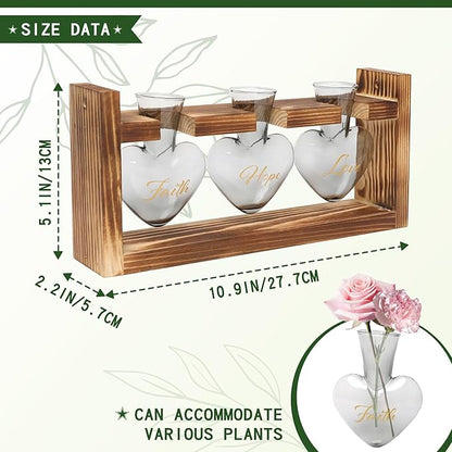 Plant Terrarium Propagation Stations Faith Hope Love Hydroponics Home Garden Decoration Gift for Women with Wooden Stand Heart Shaped Colored Glass Vase