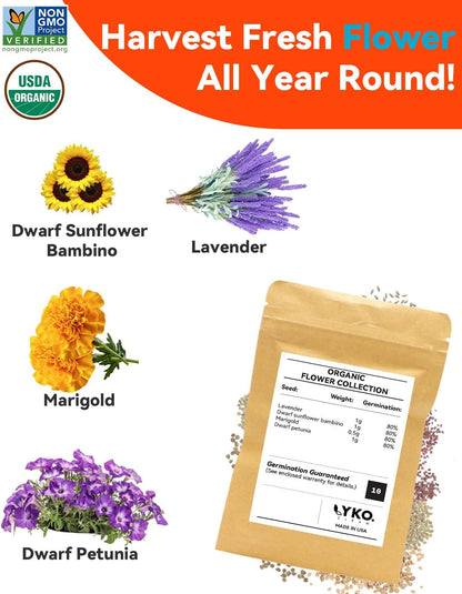 LYKOCLEAN 16 Pods Flower Seed Kit Compatible with AeroGarden Hydroponics Growing System, Indoor Garden Starter Set with Lavender, Sunflower, Petunia and Marigold