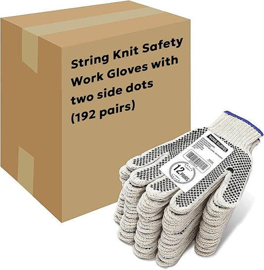 Evridwear Cotton Polyester String Knit Shell Safety Protection Work Gloves for Painter Mechanic Industrial Warehouse Gardening Construction Men One Case (12 PairsX16) With Two Side dots, L Size