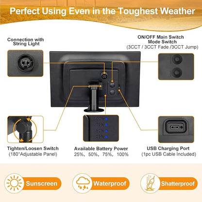 Mlambert 96FT(2x48FT) 3-Color in 1 Dimmable Solar String Lights Outdoor, Remote Patio String Lights with 30+5 LED Bulbs for Pergola Outside-White Cord