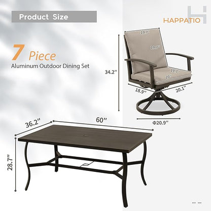 HAPPATIO 7 Piece Patio Swivel Dining Set, Aluminum Outdoor Dining Set for 6,Dining Table and Chairs Set, Patio Dining Furniture with Aluminum Table, Swivel Chairs and Washable Cushions (Black)
