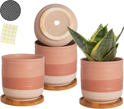 5.25 Inch Ceramic Planter Pot for Indoor Plants with Drainage Holes, Coarse Glazed Gradient Color Flower Planter Pots with Bamboo Saucer, for Succulent, Snake Plants, Cactus & Herbs, Set of 4