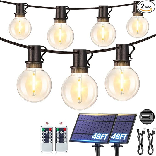 Mlambert 96FT(2x48FT) Solar String Lights with Remote, Outdoor Waterproof Patio Lights with 36 LED Shatterproof G40 Bulbs(2 Spare) for Yard-Black Wire