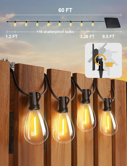 Tenmiro 60FT Solar String Lights Outdoor with Remote and 16+2 LED Shatterproof Bulbs Dimmable & Timing 3 Light Modes Solar Patio String Lights for Cafe, Garden, Deck, Outside Wedding Last for 10+Hrs