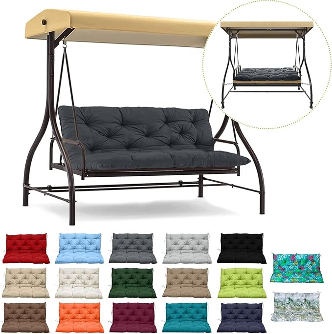 Swing Replacement Cushions with Backrest, 2 or 3 Seater Waterproof Non-Slip Overstuffed Swing Pad, Indoor/Outdoor Bench Cushion for Porch Chair Swing Garden Furniture (Dark Grey, 40 * 71 in)