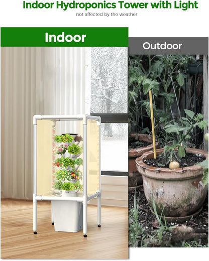 SJZX Hydroponics Growing System, Hydroponic Tower with Full-Spectrum Grow Lights, 5 Tiers Indoor Outdoor Garden Planter, Vertical Home Gardening Germination Kits for Vegetables, Fruits, Herb (25 Pods)