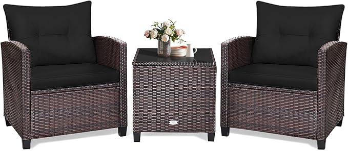 KOTEK 3 Piece Patio Furniture Set, Outdoor Conversation Set with Washable Cushions & Tempered Glass Tabletop, PE Rattan Wicker Bistro Set for Porch, Garden, Balcony (Black)