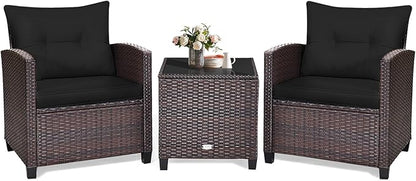 KOTEK 3 Piece Patio Furniture Set, Outdoor Conversation Set with Washable Cushions & Tempered Glass Tabletop, PE Rattan Wicker Bistro Set for Porch, Garden, Balcony (Black)