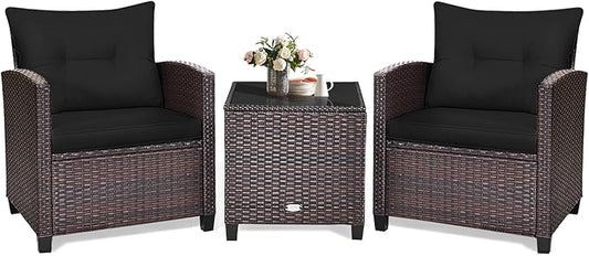 KOTEK 3 Piece Patio Furniture Set, Outdoor Conversation Set with Washable Cushions & Tempered Glass Tabletop, PE Rattan Wicker Bistro Set for Porch, Garden, Balcony (Black)