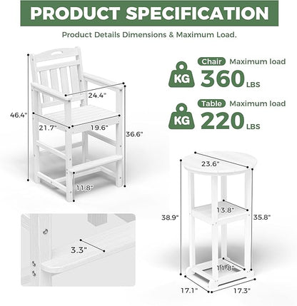 HDPE Outdoor Patio Bar Set with Bar Height Table and 2 Adirondack Chairs, All-Weather High Top Outside Round Pub Furniture for Bistro, Garden, Backyard, Deck | 3-Pieces, White