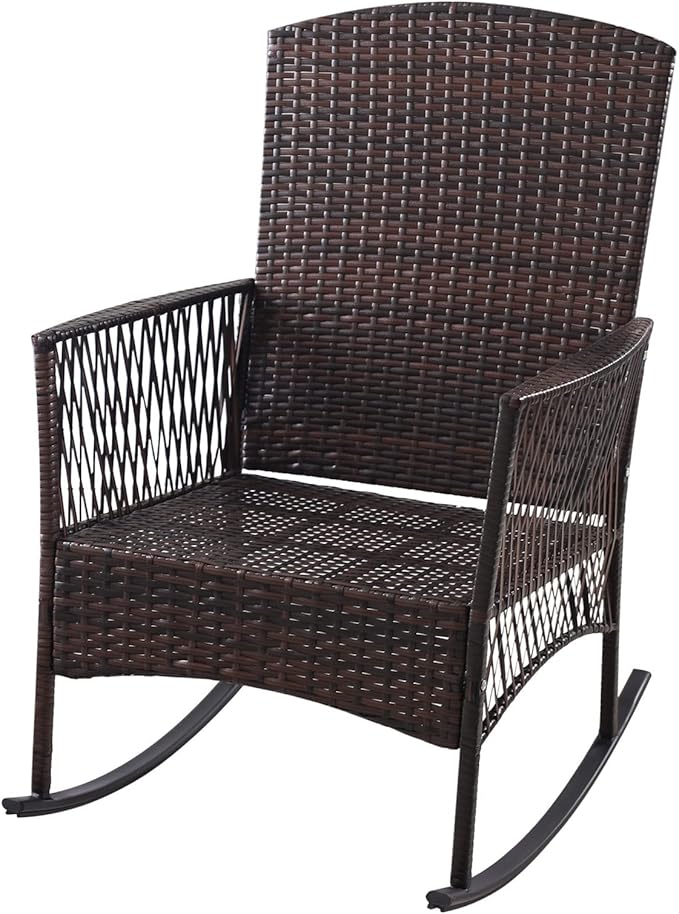 DECMICO Outdoor Rattan Wicker Rocking Chair 3 Pieces Patio Conversation Furniture Bistro Sets with Side Table and Cushions for Porch Garden and Balcony