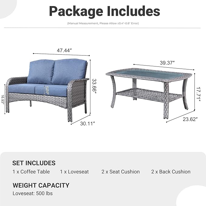 ovios 2 Pieces Patio Furniture Set, Outdoor Wicker Sofa with Glass Coffee Table, All Weather High Back Rattan Loveseat Couch 2 Seats with Comfy Cushions, Denim Blue