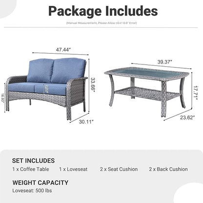 ovios 2 Pieces Patio Furniture Set, Outdoor Wicker Sofa with Glass Coffee Table, All Weather High Back Rattan Loveseat Couch 2 Seats with Comfy Cushions, Denim Blue