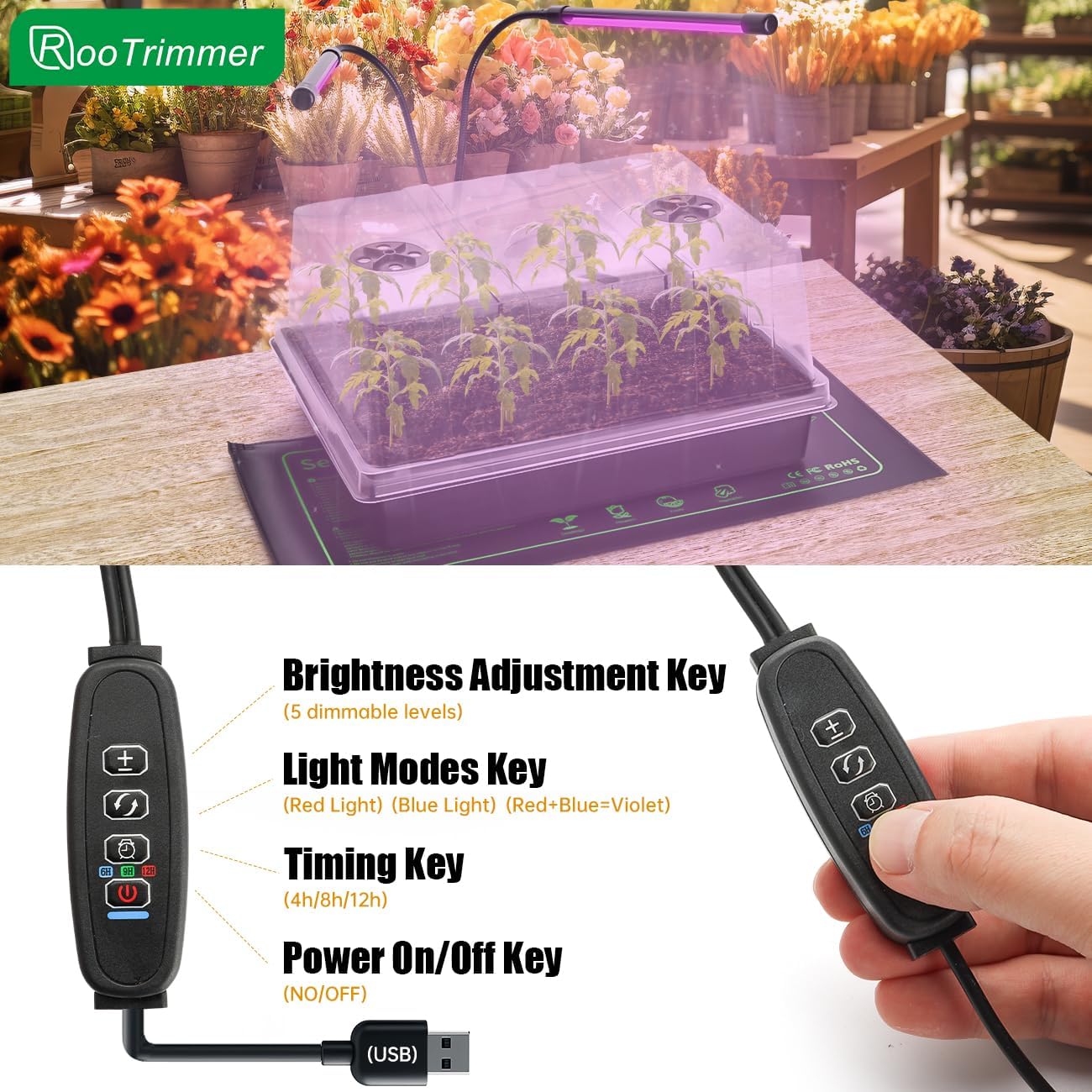 4-Pack Seed Starter Kit with Adjustable Grow Lights & 2 Heat Mats – 5'' Humidity Domes for Indoor Plants, Vegetables, Seedlings, Full Spectrum 20W, 4000K LED Light and Germination Tray with Vents