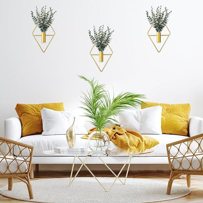 Jexine Hanging Planters with Artificial Eucalyptus Metal Hanging Vase Indoor Plants Holder Modern Geometric Boho Bathroom Wall Decor for Living Room Home Office(Gold,8 Pcs)