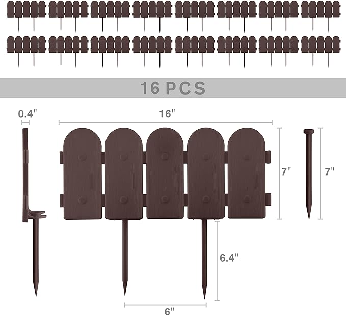 Evelyne Garden Border Plastic Edging: Wooden Fence Design - 16pcs Brown Yard Landscaping Fence Liner Lawn Edge Barrier - 20ft Kit of Decorative Lawn Panels Elements -Landscaping Edging-GMT-10374-A16
