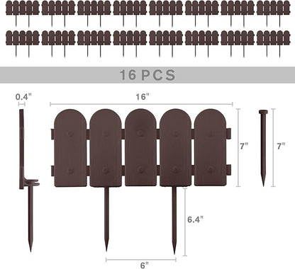 Evelyne Garden Border Plastic Edging: Wooden Fence Design - 16pcs Brown Yard Landscaping Fence Liner Lawn Edge Barrier - 20ft Kit of Decorative Lawn Panels Elements -Landscaping Edging-GMT-10374-A16