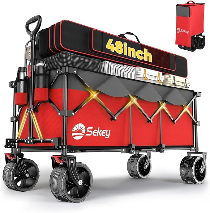 Sekey 48''L Collapsible Foldable Extended Wagon with 440lbs Weight Capacity, Heavy Duty 300L Folding Utility Garden Cart with Big All-Terrain Beach Wheels & Drink Holders. Red&Grey