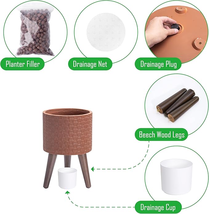 D'vine Dev 8 Inch Modern Geometric Tile Patterned Sleek Planter Pot with Stand, Indoor Outdoor Decorative Plant Holder, Terra Cotta, 88-Z-A-3