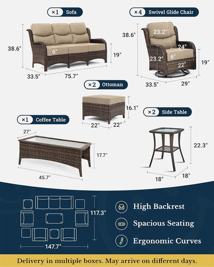 HILLGA Luxury Patio Furniture Set with 6-inch Thick Cushion, Outdoor Couch and High Back Swivel Rocker Patio Chairs, 10PCS Wicker Conversation Set for Deck Yard and Poolside, Beige (V2)