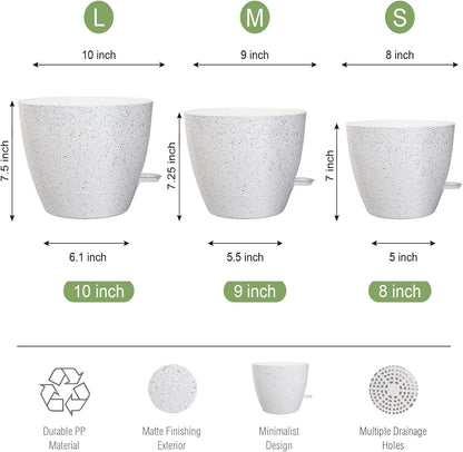 10/9/8 inch Self Watering Pots, Set of 3 Plastic Planters with Mesh Drainage Holes and Deep Reservoir for Indoor Outdoor Garden Plants and Flowers, White Speckles