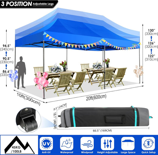 COBIZI 10x20 Canopy with Sidewalls, Heavy Duty Party Tent Pop up carpas para Fiestas, Tents for Parties, Wedding, Outdoor Ez up Foldable Portable Canopy Tent with Wheeled Bag, Blue(Windproof Upgrade)