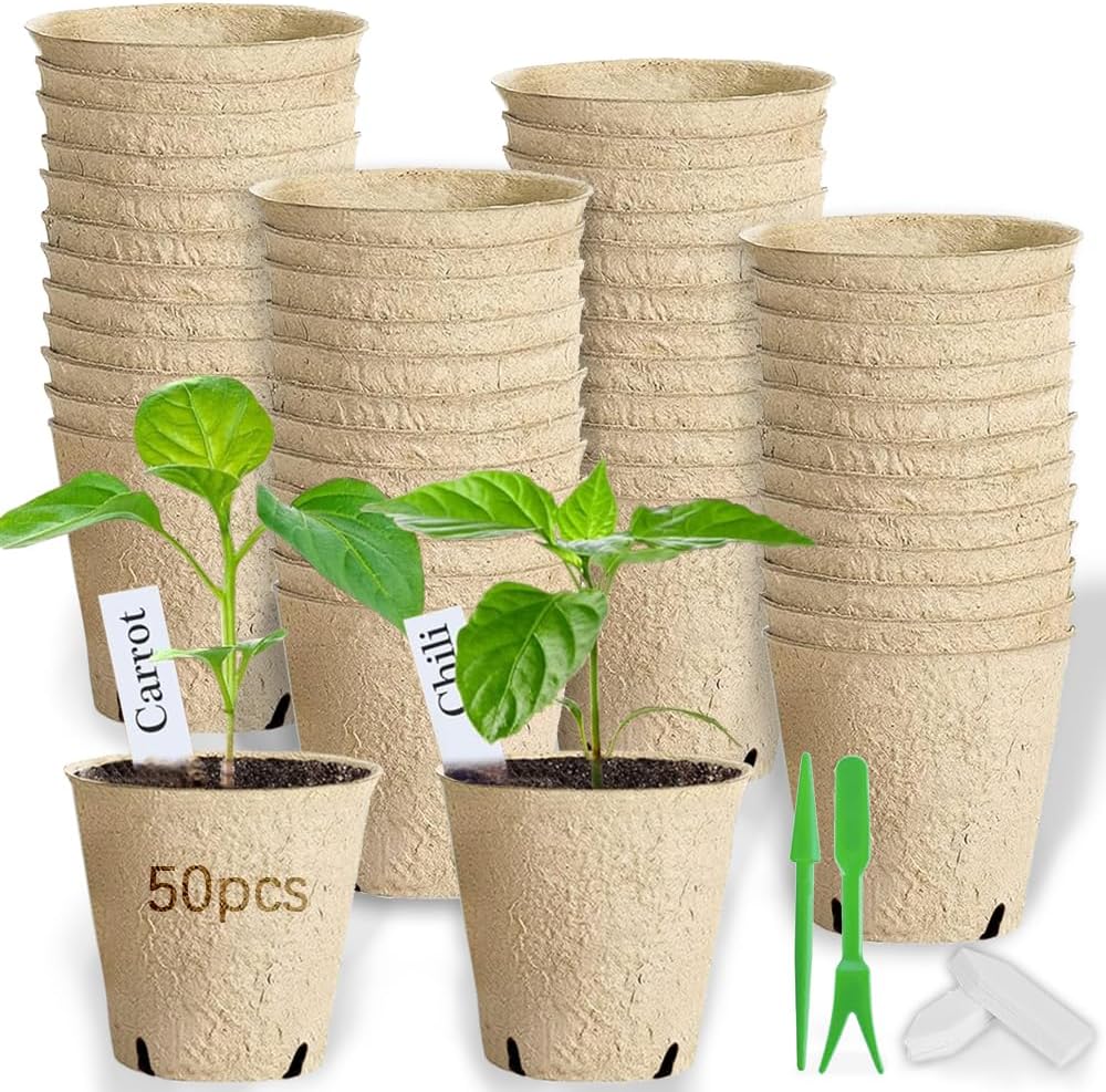 50pcs Peat Pots for Seedling 3.15" Biodegradable Plant Nursery Pots Seed Starting Pots with Drainage Holes, 20 Plant Labels, 2 Transplant Tools