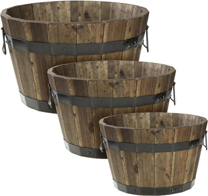IDZO Set of 3 Wooden Flower Planters for Outdoor Plants, Acacia Wood Barrel Planters, Ergonomic Handles, Drainage Holes, Various Sizes, Walnut