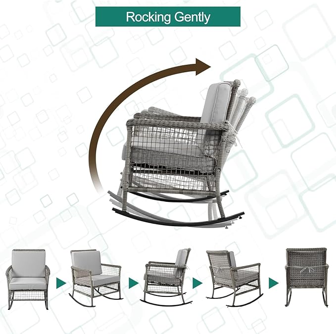 DECMICO 3-Piece Wicker Rocking Chair Set, Patio Bistro Furniture with Cushions & Side Table, Rattan Outdoor Conversation Bistro Set for Outdoor Use, Grey