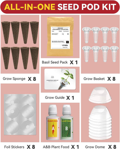 LYKOCLEAN Hydroponic Seed Pod Kit Compatible with AeroGarden, Ahopegarden, iDoo, MUFGA, 8 Pods Complete Growing Anything Garden Supply with Strawberry Seeds, Grow Sponges, Baskets, Domes, Labels